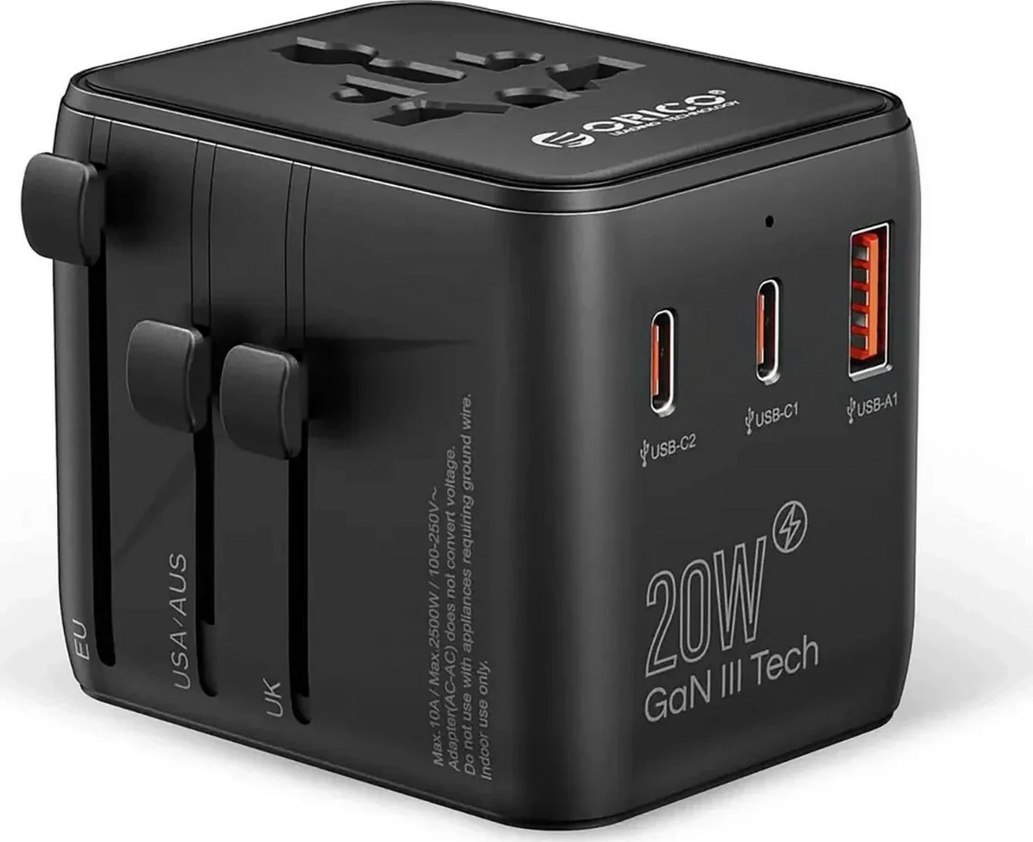 Karikues udhëtimi Orico GaN III, adapter universal UK/EU/US/AU, 2x USB-C 20W PD, USB-A, i zi