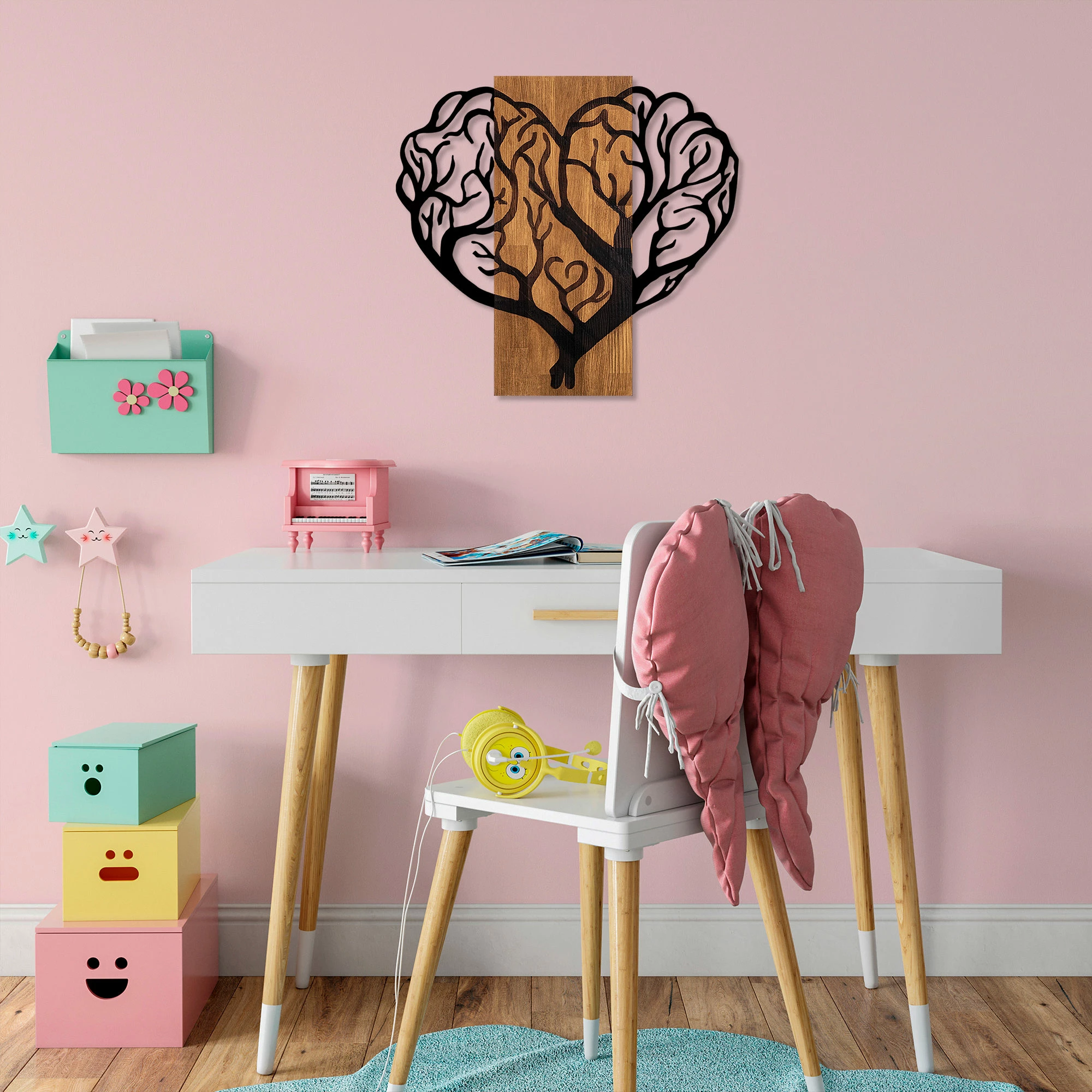 Aksesor dekorativ për mur, dru dhe metal, Brain Tree, ngjyrë arre, 58x62cm