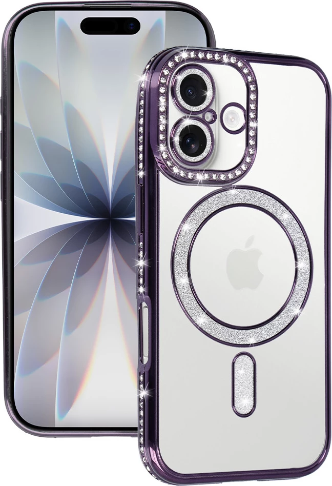 Mbështjellës silikoni ONASI MagSafe për iPhone 17, luks, transparent vjollcë me glitter