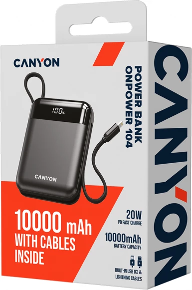 Power bank CANYON OnPower 104 10000mAh 22.5W me kabllo të integruara USB-C/Lightning, i zi