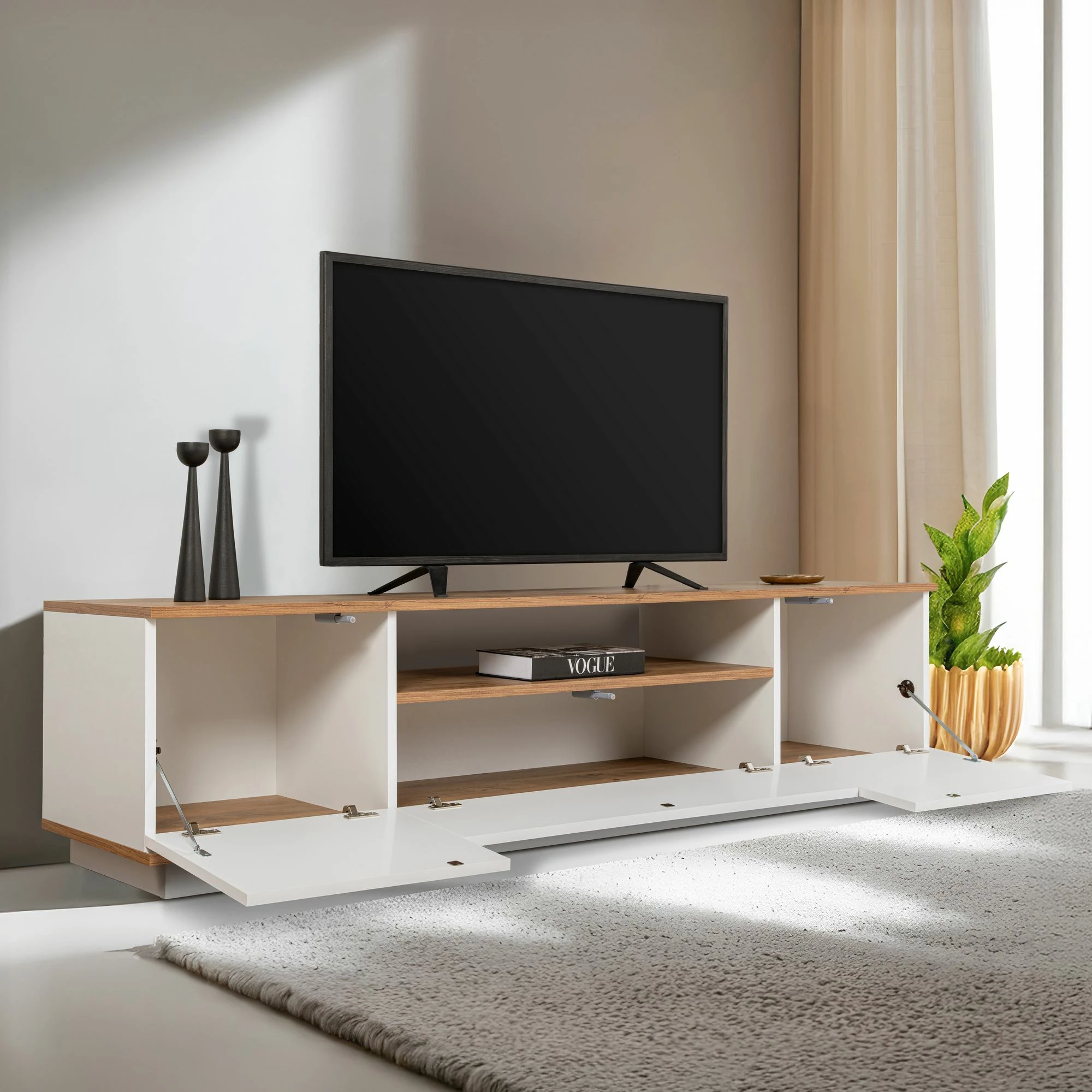 Komodë TV Skye Decor, ngjyrë e bardhë dhe pishë Atlantic, Veramont