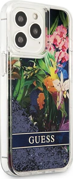 Mbështjellës Guess Flower Liquid Glitter për iPhone 13 Pro Max, Blu