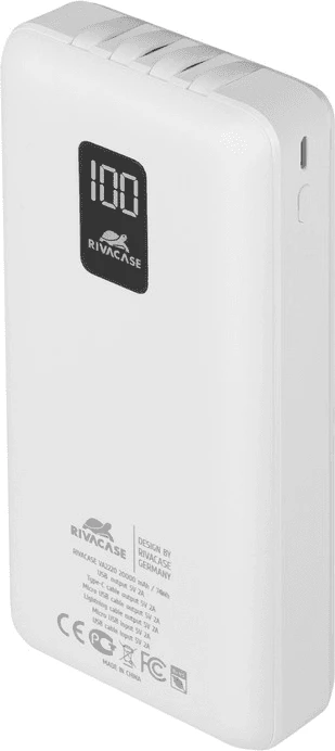 Powerbank RIVACASE VA2220 20000mAh 10W me ekran LCD, 4 kabllo (MicroUSB, Type-C, Lightning, USB-A), i bardhë