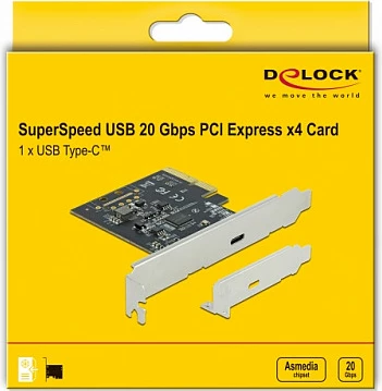 Kartë PCIe DeLOCK x4 për USB‑C, USB 3.2 Gen 2x2 20Gbps, low-profile, çelik inox