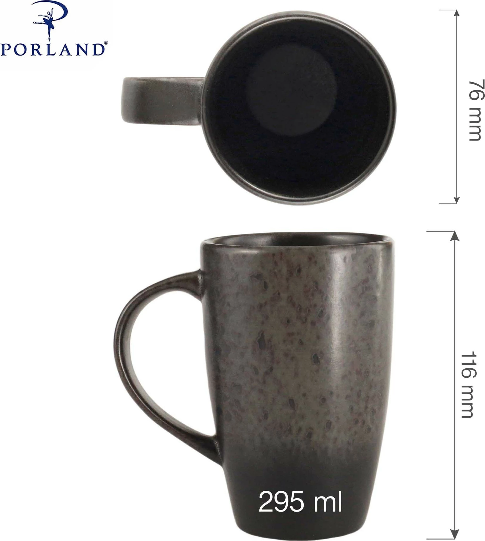 Mug Porland Ironstone 295 ml, stoneware, zi, set 6 copë
