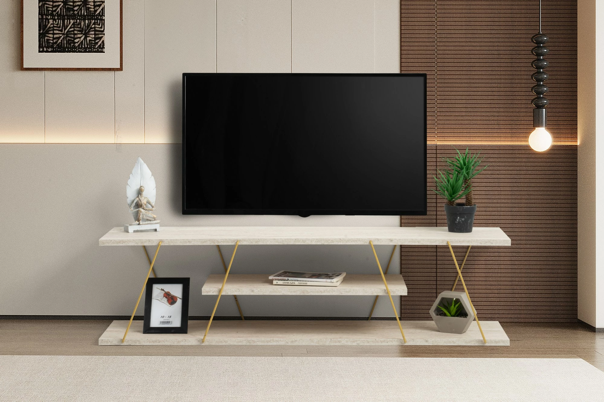 Komodë TV Hanah Home, Canaz, ngjyrë ari dhe travertin