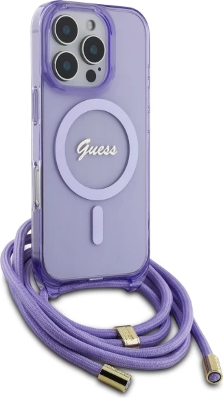 Mbështjellës Guess Crossbody Cord Script MagSafe për iPhone 16 Pro, Vjollcë