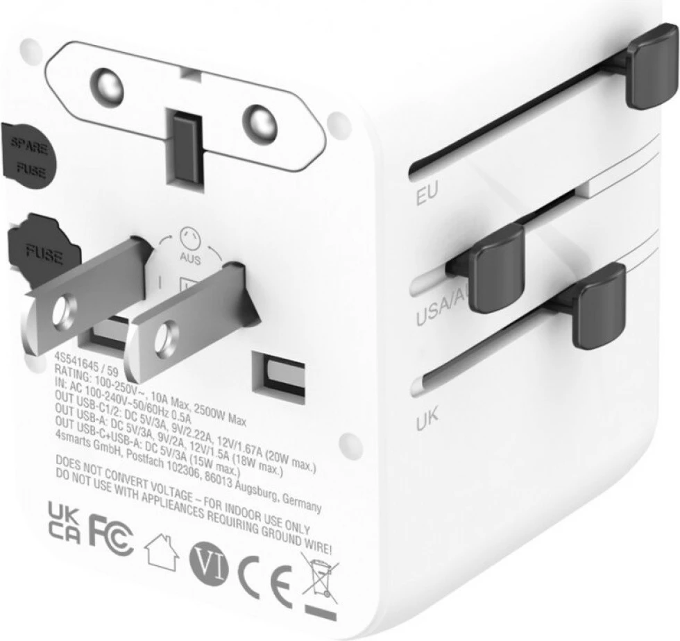 Adapter udhëtimi, 4smarts Nomad 20W, GaN, 2x USB-C + 1x USB-A, prizë universale, i bardhë