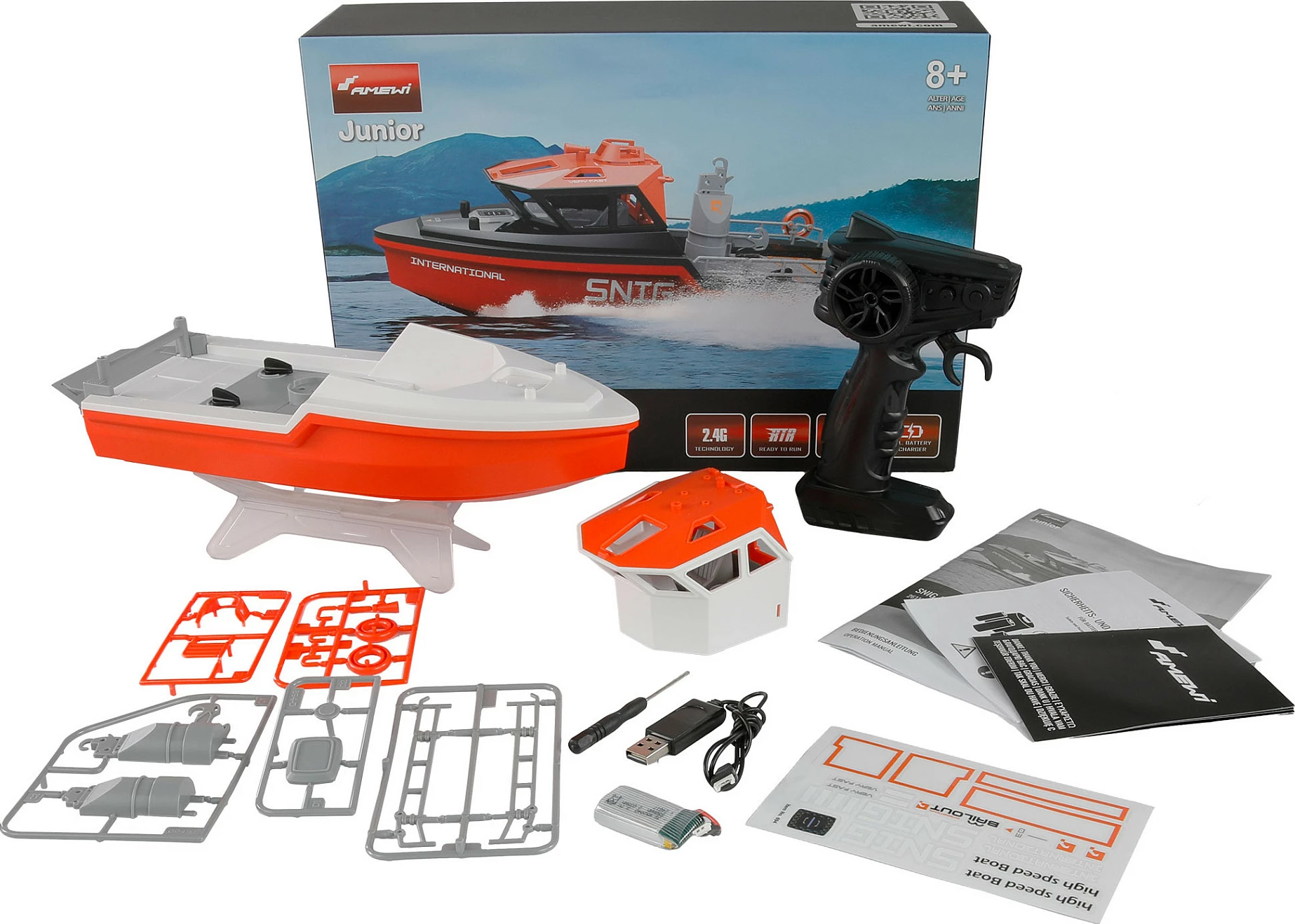 Varkë RC AMEWI 26116, 2.4GHz, Brushless, LiPo 550mAh, portokalli/bardhë