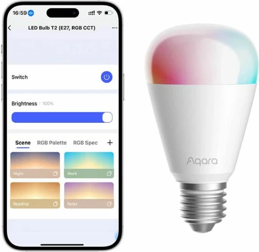 Llambë LED smart AQARA T2 LB-L02D, E27, RGB CCT, 4.9W, 450 lm, Thread/Zigbee/Bluetooth, 1 copë, bardhë