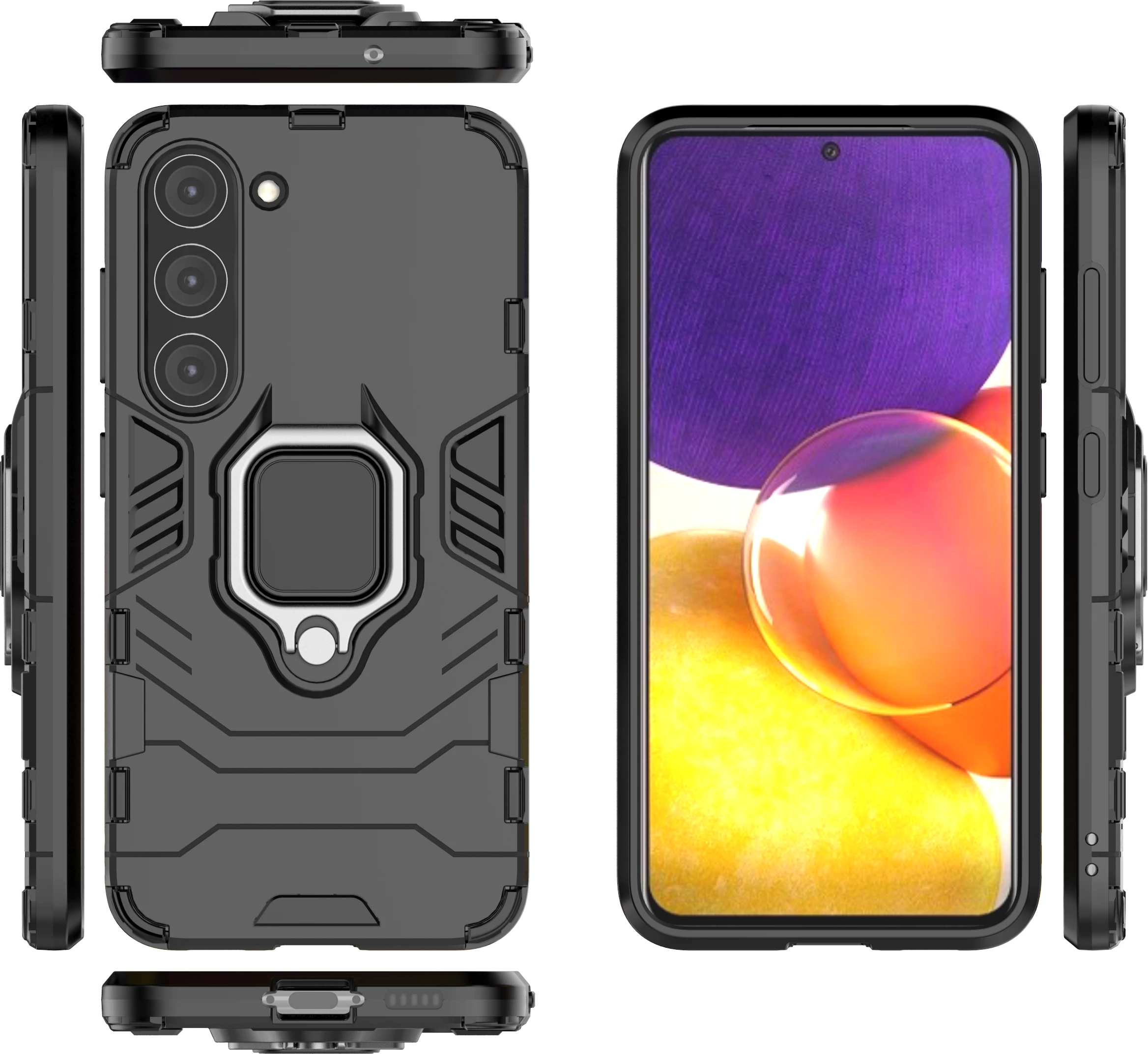 Mbështjellës Hurtel Ring Armor për Samsung Galaxy S23, me unazë metalike, i zi