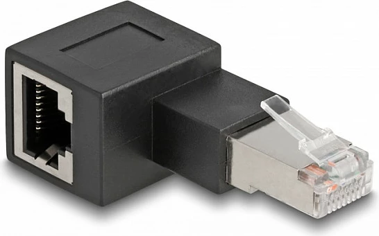 Adapter RJ45 DeLOCK Cat6A 90° majtas, mashkull/femër, kontakte të arta, i zi