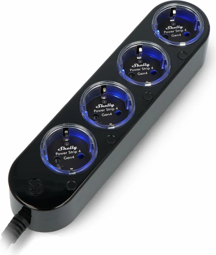 Zgjatues rryme smart Shelly Power Strip 4 Gen4, 4 priza Schuko, 1.5 m, Wi‑Fi/Bluetooth/Zigbee/Matter, i zi
