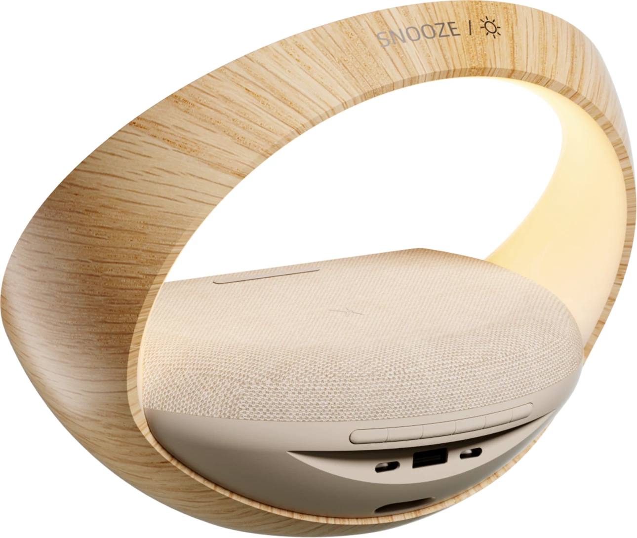 Llambë nate Moye Aurora Glow, orë me alarm, altoparlant Bluetooth 2x5W, karikim pa kabllo Qi deri 15W, bateri 2400mAh, finish imitim druri