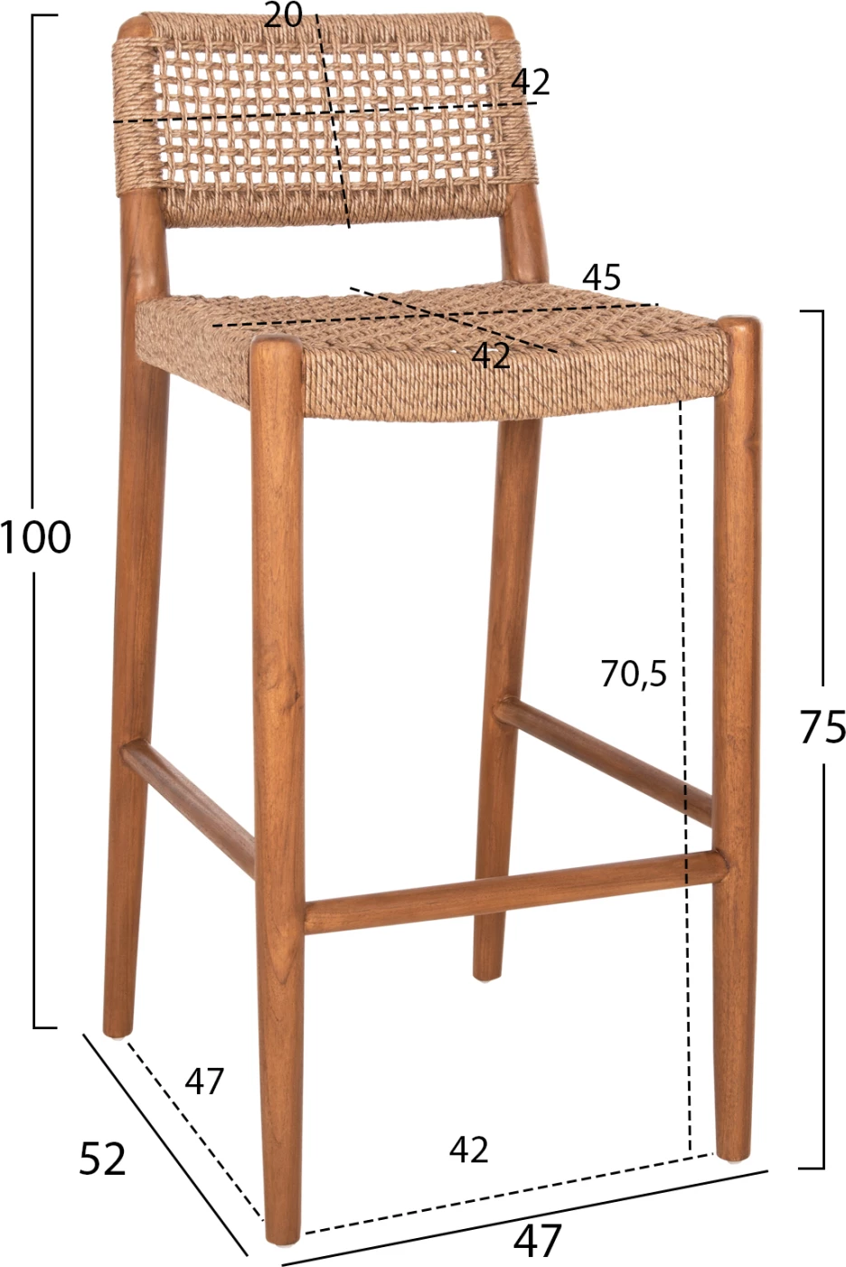 Karrige për bar ROSCO FH6134.01 dru teak ngjyrë arre-VIRO litar ngjyrë kafe 47x52x100H cm