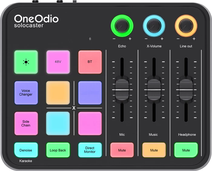 Mikser audio me kartë zanore USB-C OneOdio Solocaster, 24-bit/48kHz, 48V phantom, RGB, e zezë, set