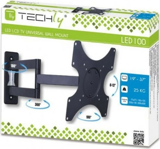 Mbajtës muri për TV/monitor Techly 301450, 19-37 inç, krah i dyfishtë, 25kg, i zi