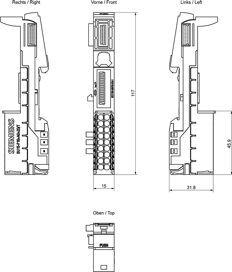 Njësi bazë Siemens SIMATIC ET 200SP 6ES7193-6BP00-0DA1, BU15-P16+A0+2D/T, gri/bardhë