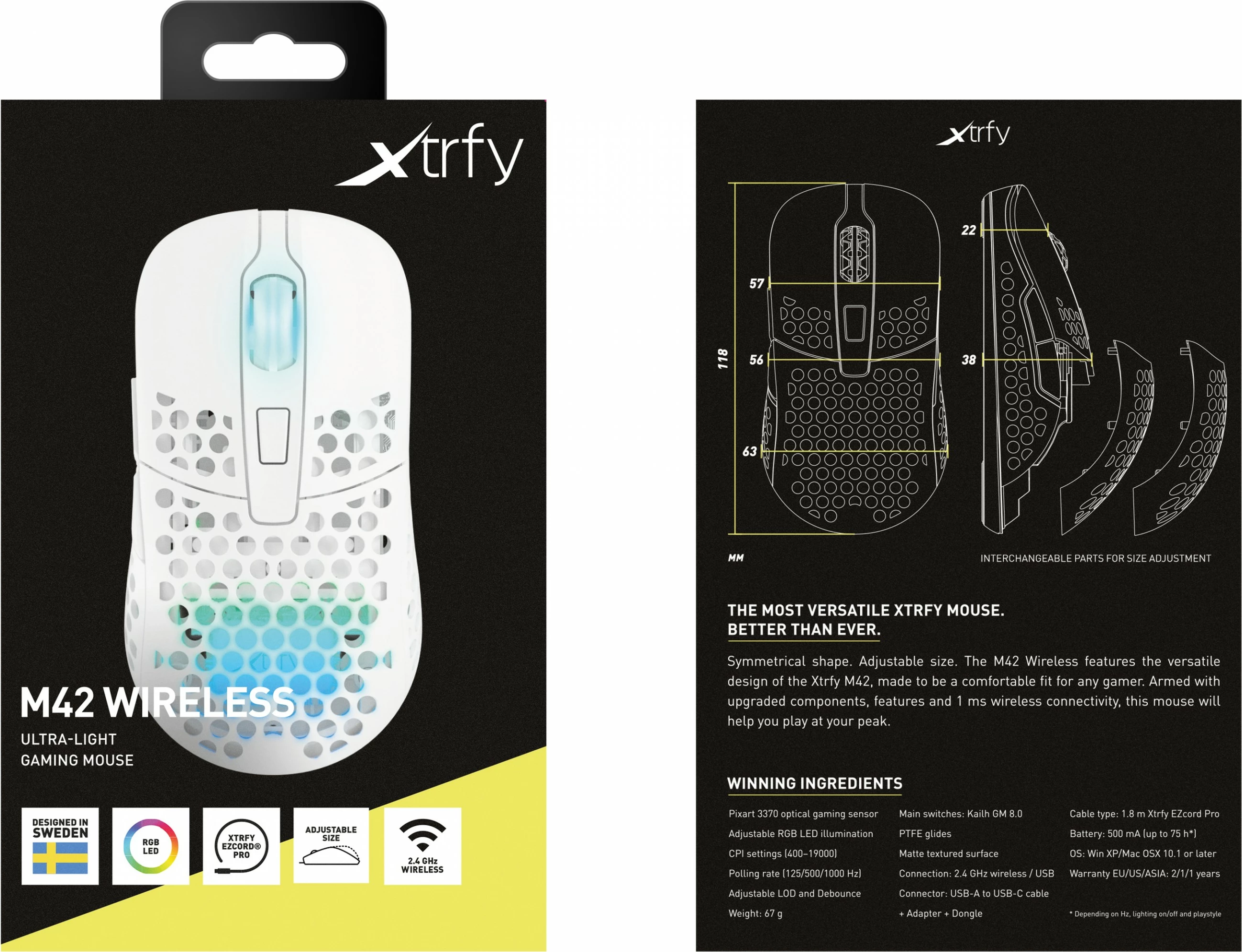 Maus Cherry Xtrfy M42 RGB, Ambidextrous, Optical, RF Wireless + USB Type-C, 19000 DPI, Bardhë