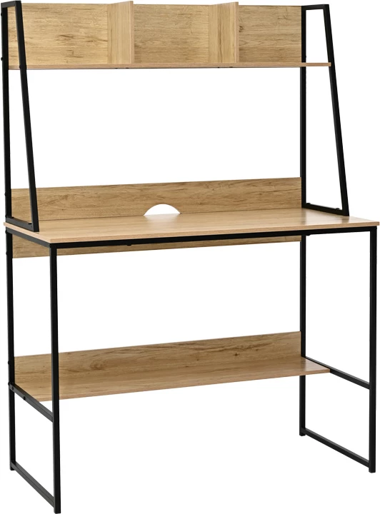 Tavolinë zyre me raft, ngjyrë lisi, këmbë metalike të zeza, Herbey, 100x48x139cm