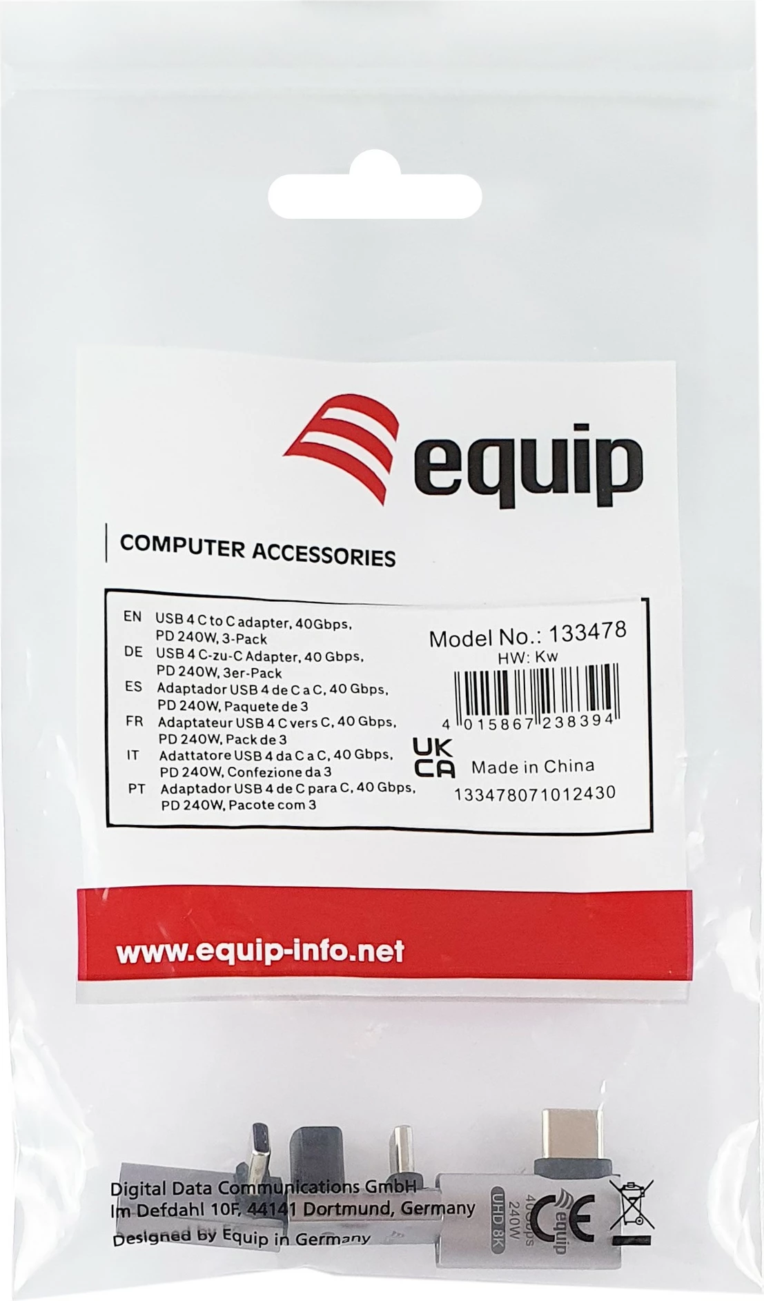 Adapter USB4 C në C Equip 133478, 40Gbps, PD 240W, 3 copë, zi, hiri