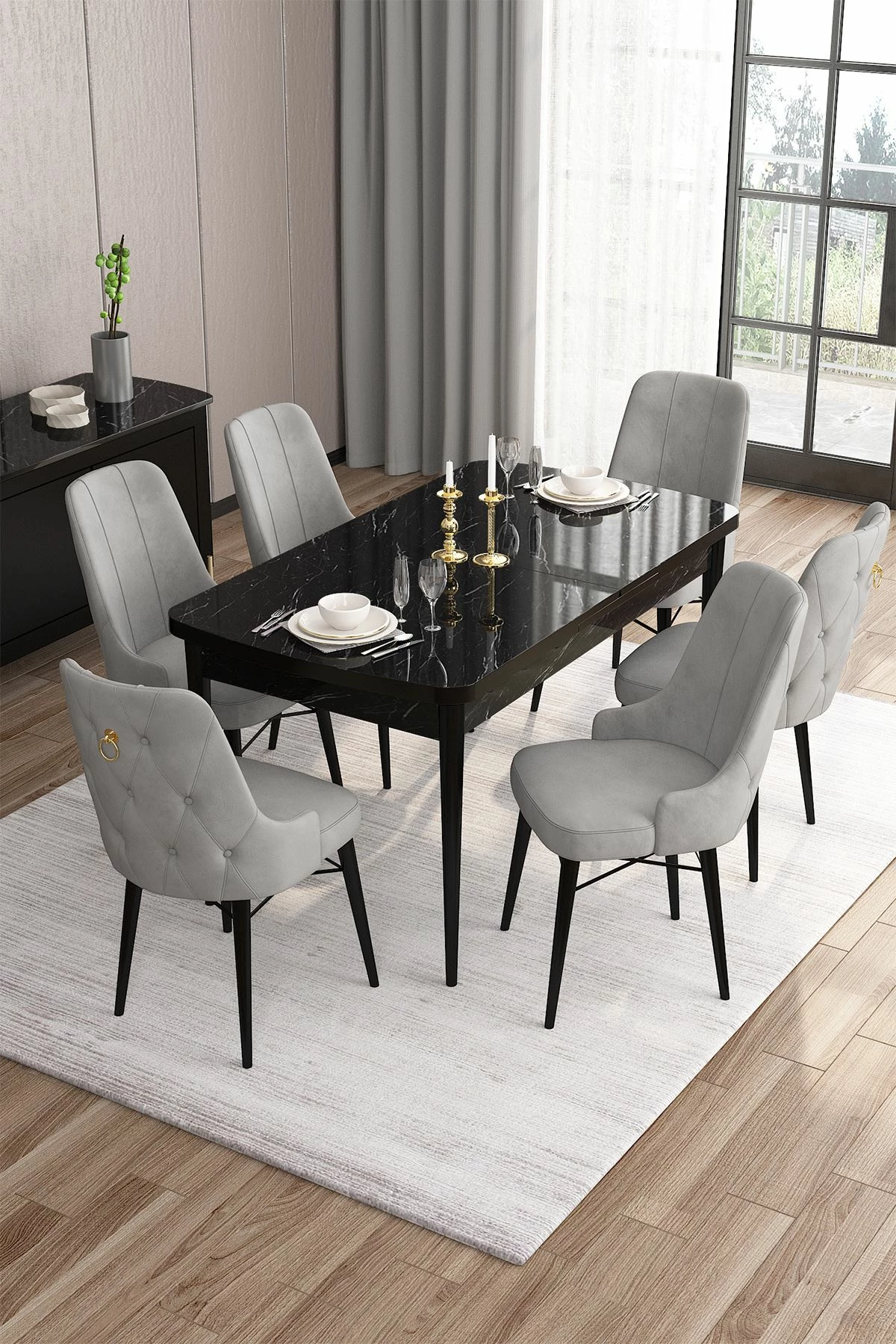 Tavolinë me karrige për ngrënie, zgjatshme, 7 copë, Skye Decor, mermer i zi, gri