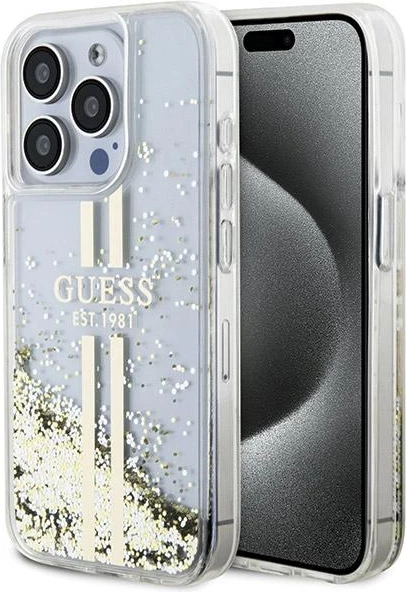 Mbështjellës Guess Liquid Glitter Gold Stripes për iPhone 15 Pro, Transparent