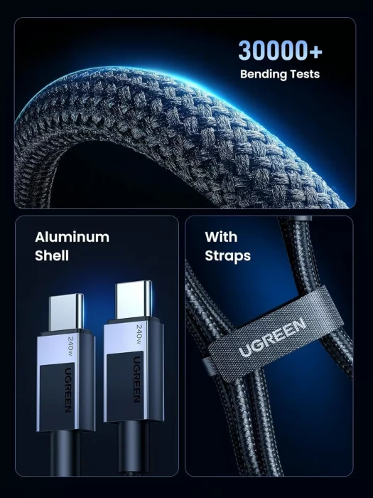 kabllo karikimi USB-C në USB-C UGREEN 45068, 240W, 2m, e thurur nylon, e zezë/gri