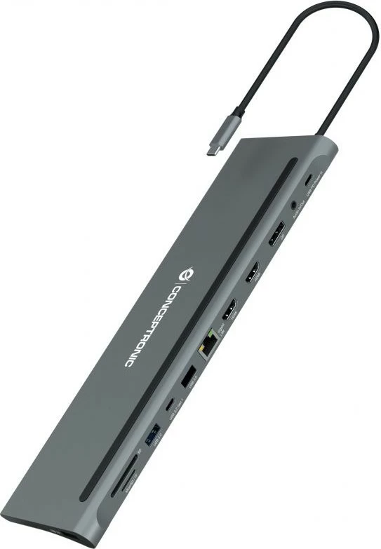 Dok Conceptronic 12-1 USB-C, 2xHDMI, 3xUSB-A, DisplayPort, 18cm, gri