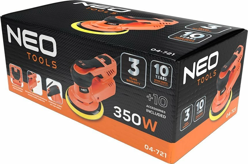 Lëmues orbital Neo Tools 04-721 350W 150mm brushless, set 6 letra zmerile, portokalli/zi