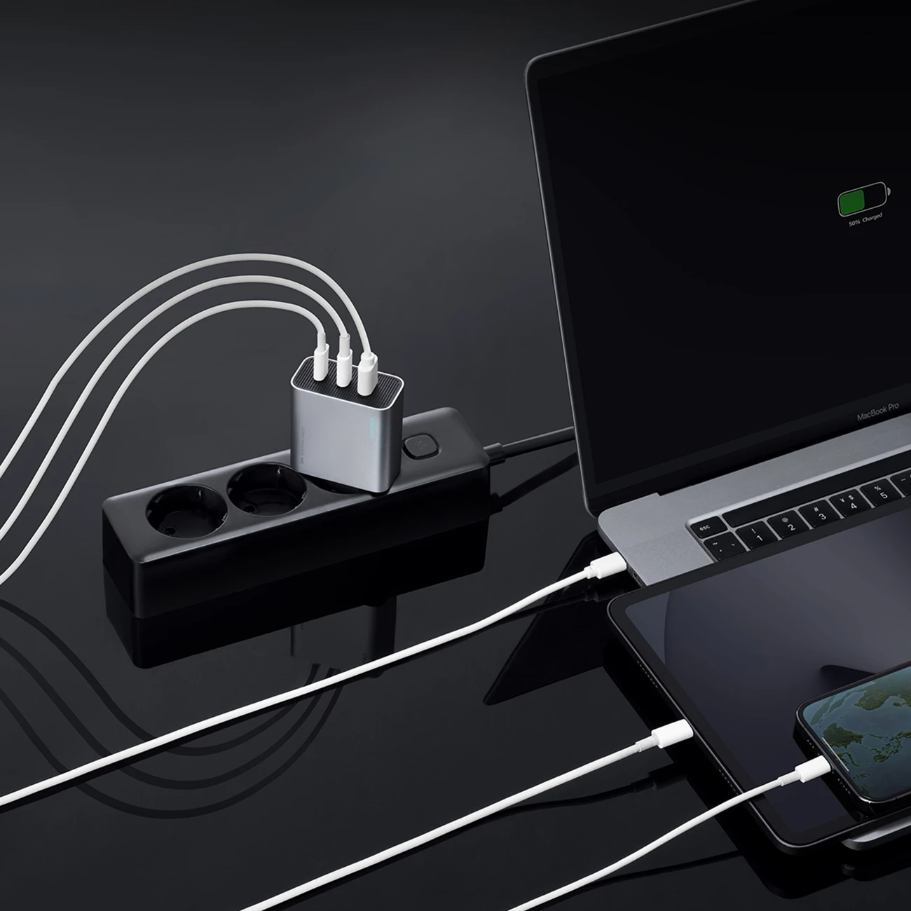 Karikues muri GaN, Cuktech, A15C-EU, 65W 2xUSB-C + 1xUSB-A, prizë EU, pa kabllo, gri