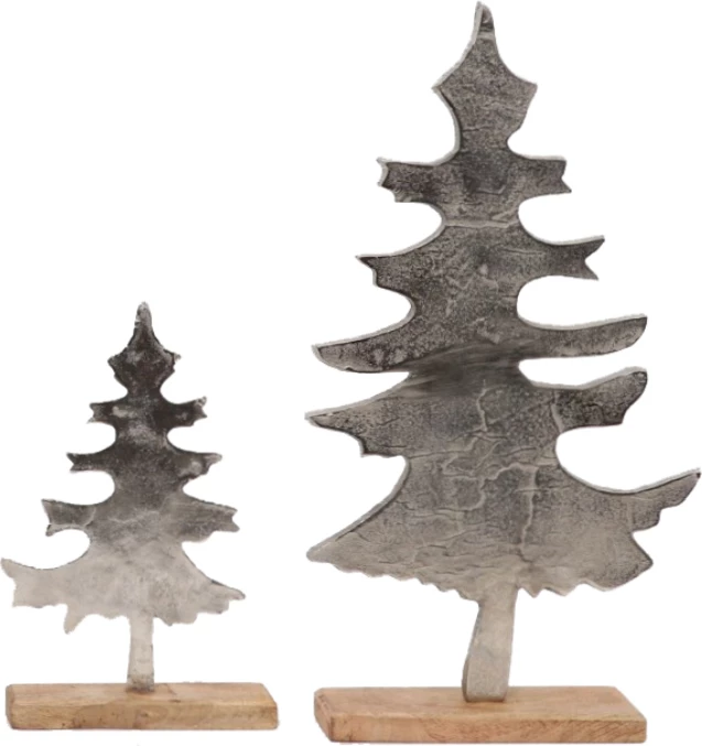 Dekor pemë për Krishtlindje, alumin, dru mango, argjend, natyrale, 21x5x33cm