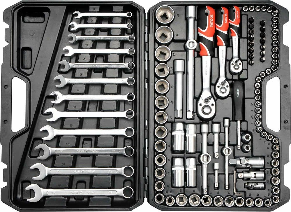 Set veglash Yato YT-38831 111 copë, 1/4" 3/8" 1/2", me valixhe plastike