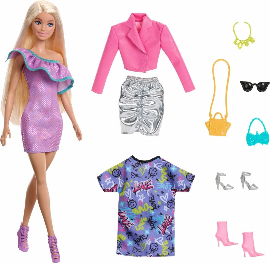Kukull Barbie Mattel HYT61 me sete veshjesh dhe aksesorë, vjollcë