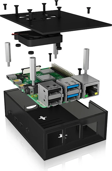 Kasë ICY BOX IB-RP108 për Raspberry Pi 4, me ventilator 40 mm, antracit/zi