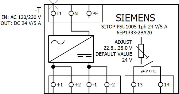 Furnizues rryme Siemens SITOP PSU100S 6EP13332BA20, 24V 5A, hyrje 120/230VAC, montim DIN