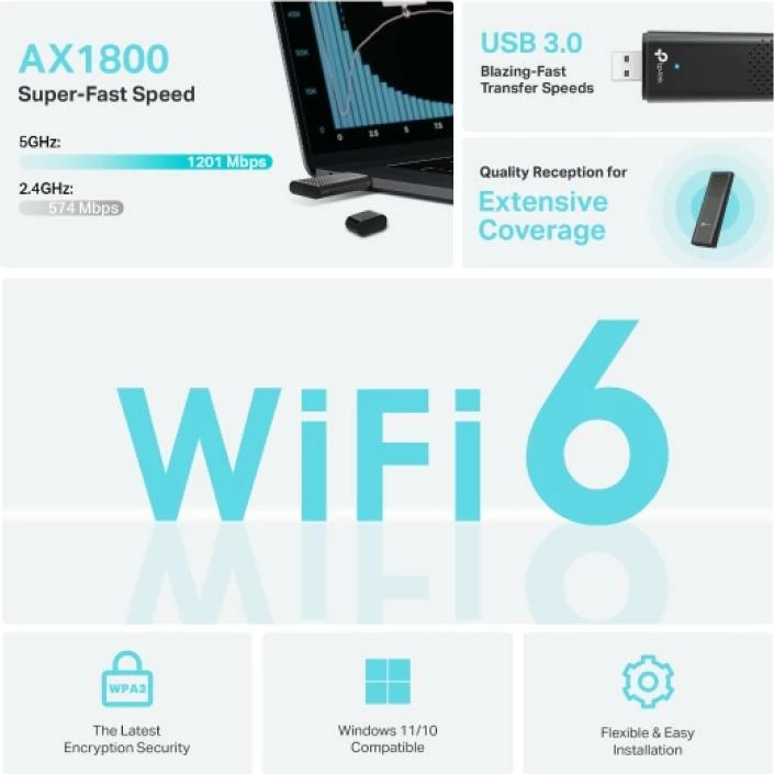 Adapter Wi‑Fi USB, TP-Link Archer TX20U, dongle WLAN, e zezë