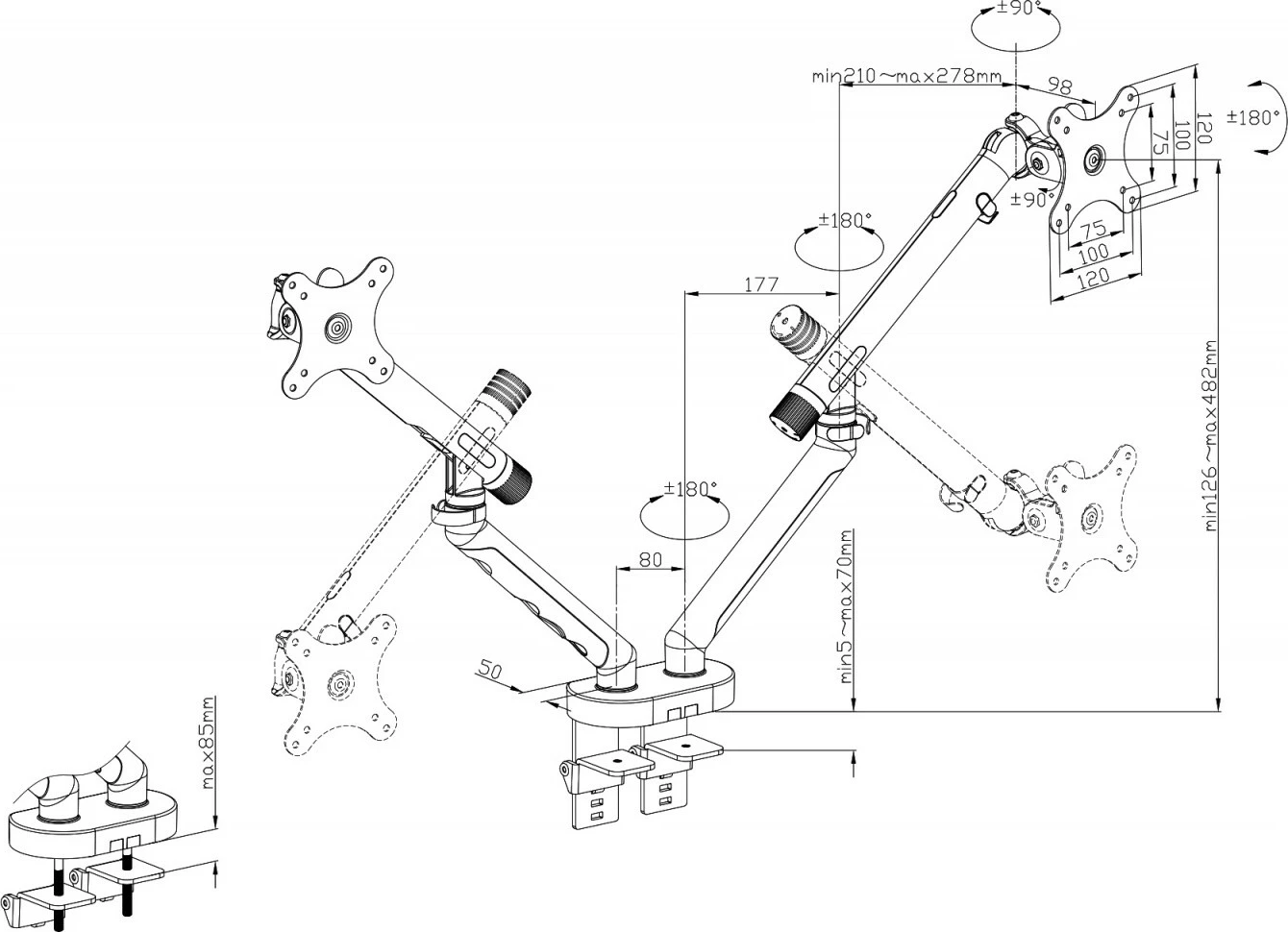 Mbajtës tavoline për 2 monitorë Digitus DA-90471, max 2x35\", 2x10kg, VESA 75x75/100x100, i zi