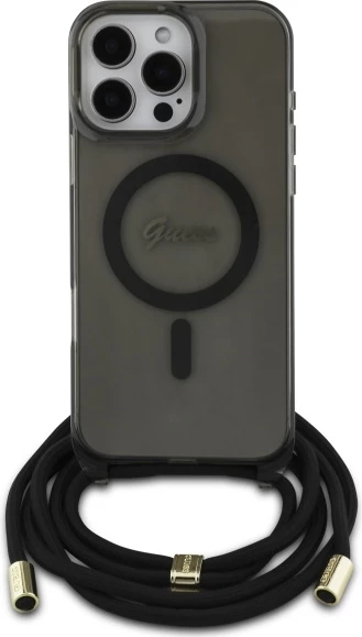 Mbështjellës Guess Crossbody Cord Script MagSafe për iPhone 16 Pro, i zi