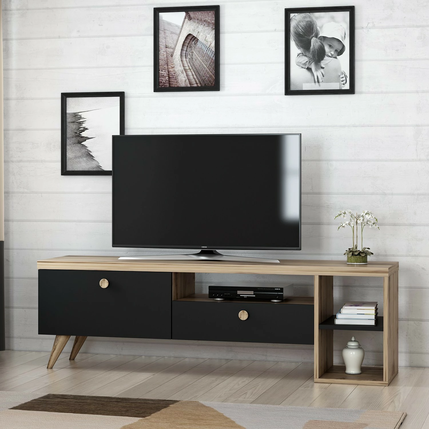 Komodë TV Parion, ngjyrë e zezë dhe lis, Hanah Home