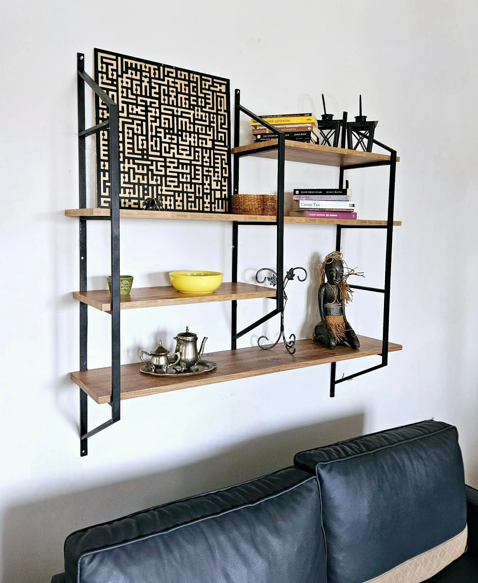 Raft muri Hanah Home, Raffy6, ngjyrë e zezë dhe Atlantic Pine, 120x120x28cm