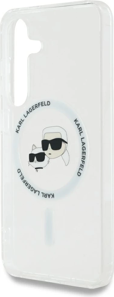 Mbështjellës Karl Lagerfeld Button Karl & Choupette Heads Printed Logo MagSafe për Samsung Galaxy S25 Plus, bardhë