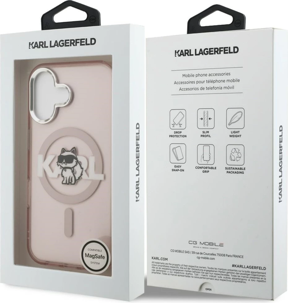 Mbështjellës MagSafe Karl Lagerfeld IML Choupette Head Sketch për iPhone 16, rozë, në kuti