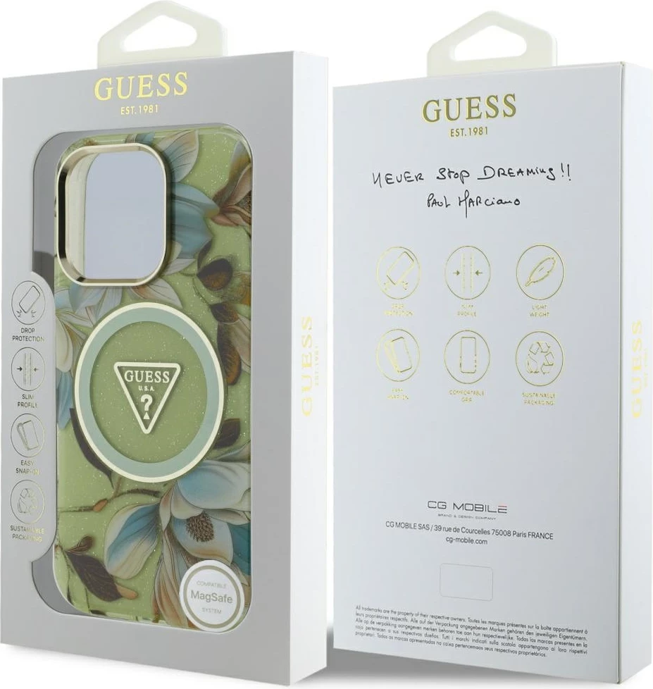 Mbështjellës Guess Glitter Flowers Triangle Buttons MagSafe për iPhone 16 Pro, Gjelbër