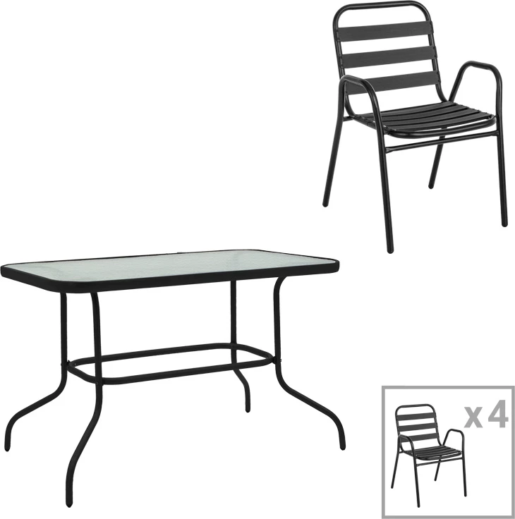 Tavolinë me karrige Valor-Sussie, set prej 5 copë, metal i zi-xham, 110x60x70cm