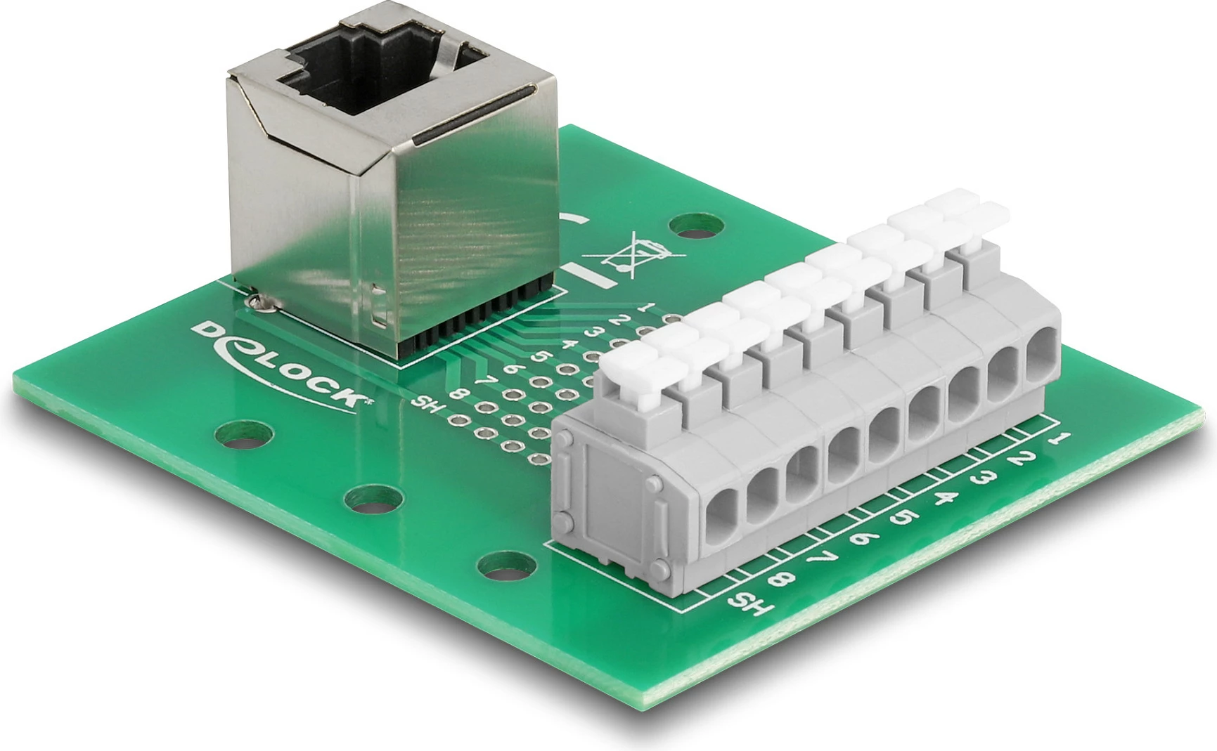 Adapter DeLOCK RJ45 femër në terminal block, kënd 90°, montim në shinë DIN, 24-12 AWG, gjelbër/gri