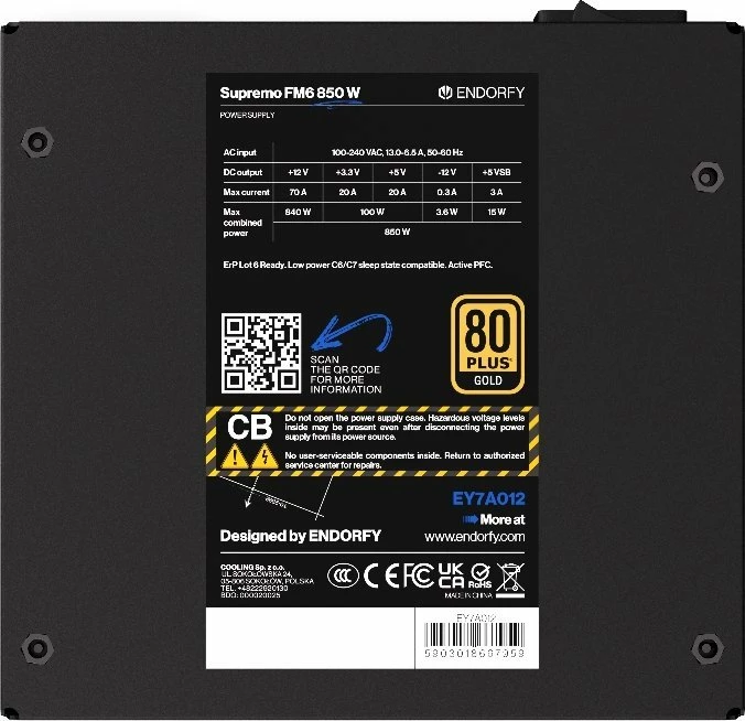 Furnizues rryme Endorfy Supremo FM6 850W 80 Plus Gold ATX 3.1, modular i plotë, i zi