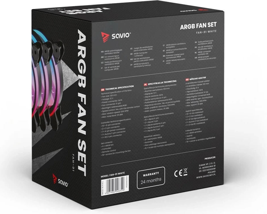 Ventilatorë ARGB SAVIO FAN-01, 4 copë me kontrollues dhe telekomandë, Bardhë
