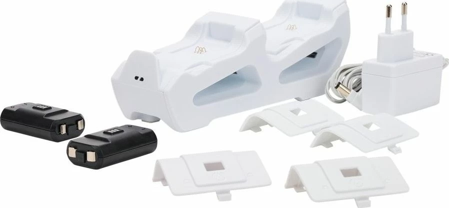 Stacion karikimi duo PowerA 1524377-01 për kontrollera Xbox Series X|S/Xbox One, 2 bateri të rikarikueshme, i bardhë, set me 4 kapakë baterie