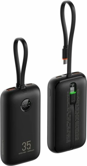 bateri portative (powerbank) VEGER W1188, 10000 mAh, 35 W, kabllo të integrume USB-C/Lightning, e zezë
